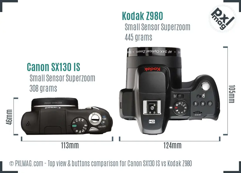 Canon SX130 IS vs Kodak Z980 top view buttons comparison Canon SX130 IS vs Kodak Z980 top view buttons comparison
