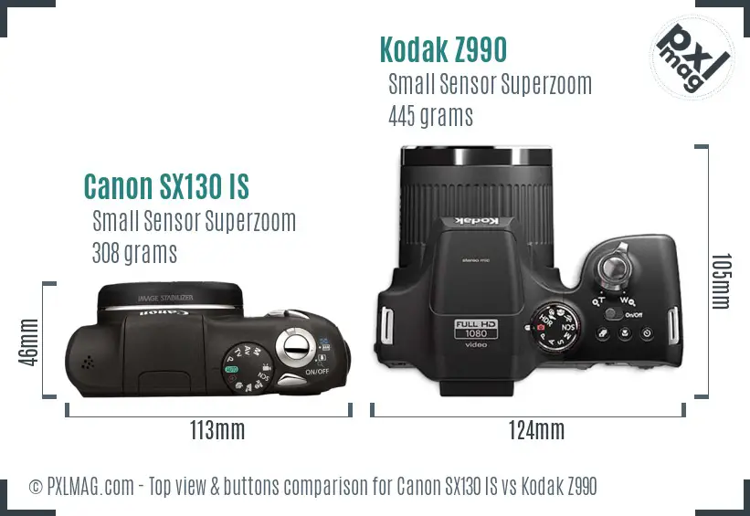 Canon SX130 IS vs Kodak Z990 top view buttons comparison