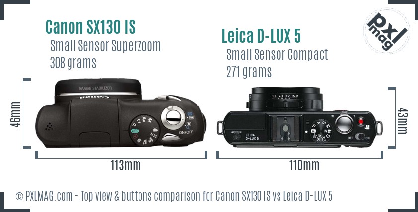 Canon SX130 IS vs Leica D-LUX 5 top view buttons comparison