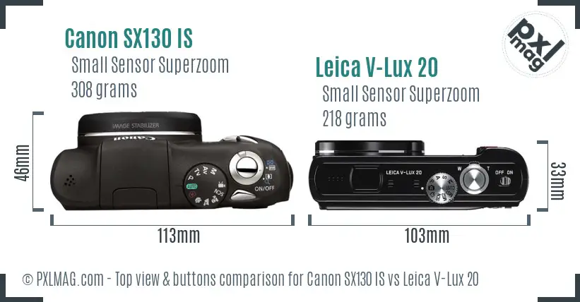 Canon SX130 IS vs Leica V-Lux 20 top view buttons comparison Canon SX130 IS vs Leica V-Lux 20 top view buttons comparison