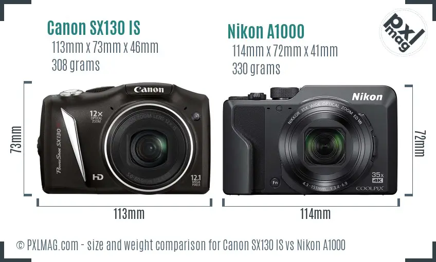 Canon SX130 IS vs Nikon A1000 size comparison
