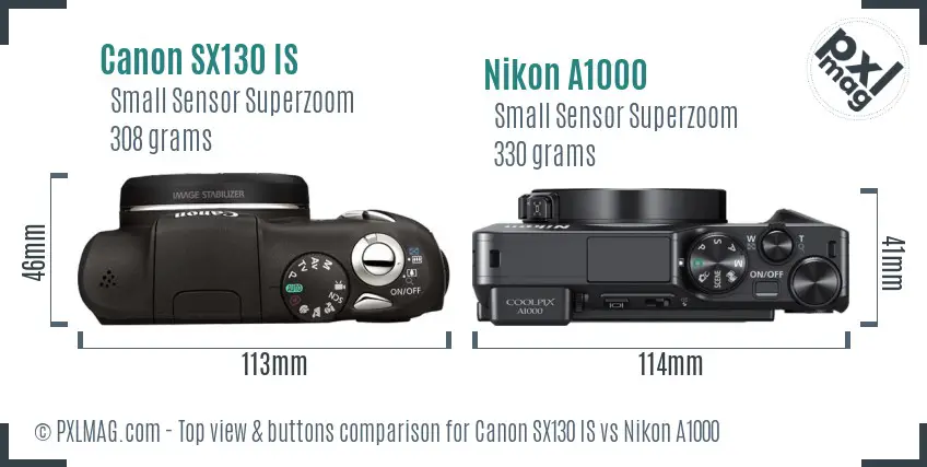 Canon SX130 IS vs Nikon A1000 top view buttons comparison