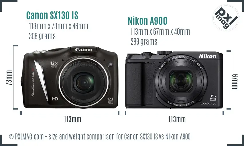 Canon SX130 IS vs Nikon A900 size comparison