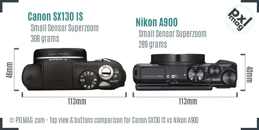 Canon SX130 IS vs Nikon A900 top view buttons comparison