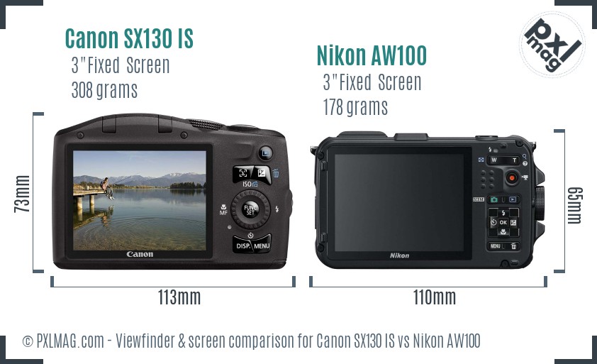 Canon SX130 IS vs Nikon AW100 Screen and Viewfinder comparison