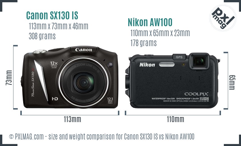 Canon SX130 IS vs Nikon AW100 size comparison