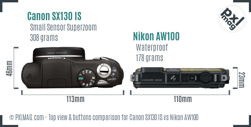 Canon SX130 IS vs Nikon AW100 top view buttons comparison