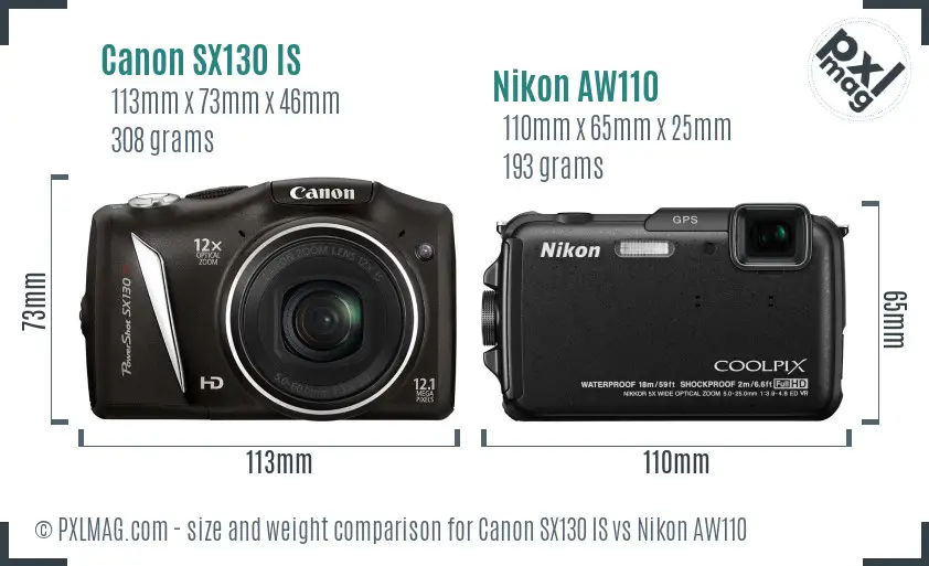 Canon SX130 IS vs Nikon AW110 size comparison Canon SX130 IS vs Nikon AW110 size comparison