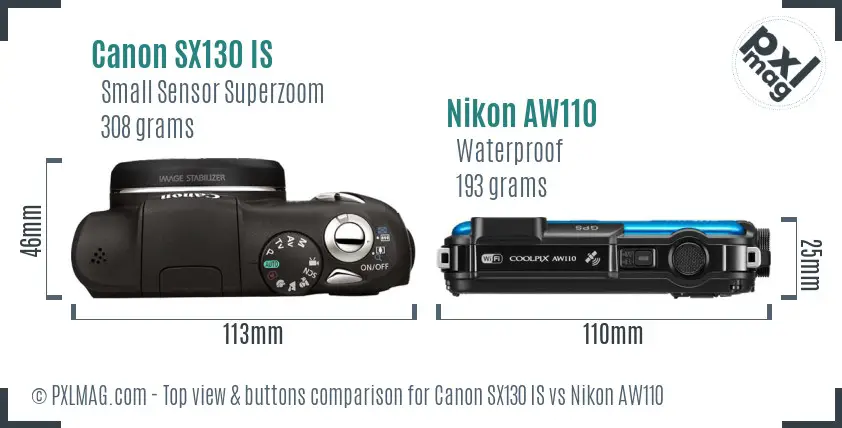 Canon SX130 IS vs Nikon AW110 top view buttons comparison Canon SX130 IS vs Nikon AW110 top view buttons comparison
