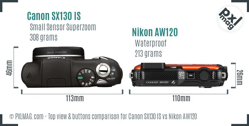 Canon SX130 IS vs Nikon AW120 top view buttons comparison