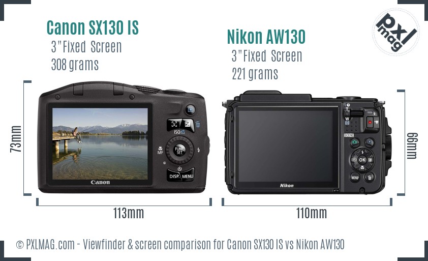 Canon SX130 IS vs Nikon AW130 Screen and Viewfinder comparison
