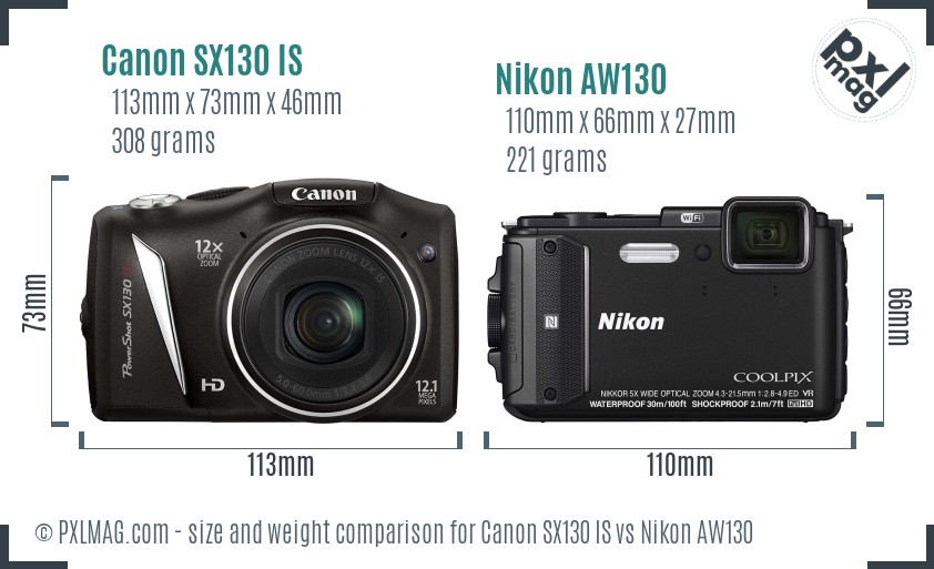 Canon SX130 IS vs Nikon AW130 size comparison Canon SX130 IS vs Nikon AW130 size comparison