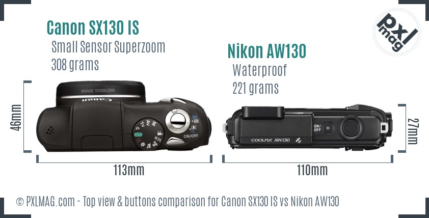 Canon SX130 IS vs Nikon AW130 top view buttons comparison