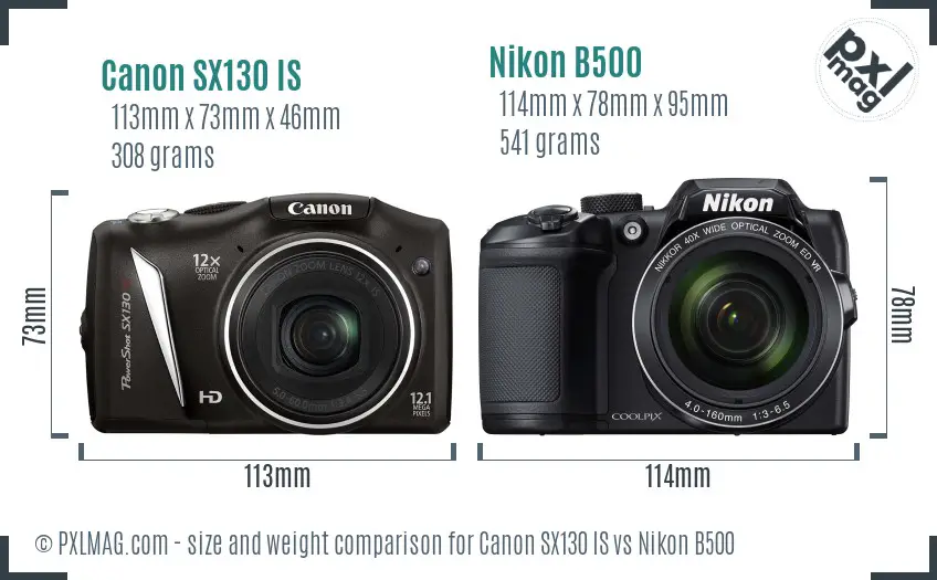 Canon SX130 IS vs Nikon B500 size comparison