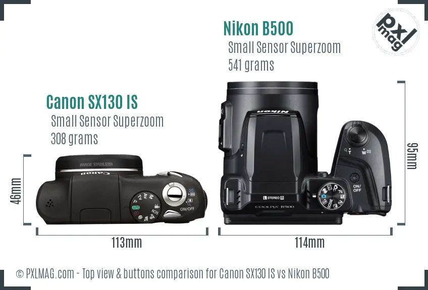 Canon SX130 IS vs Nikon B500 top view buttons comparison