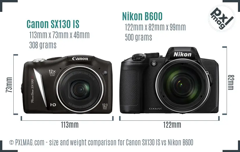 Canon SX130 IS vs Nikon B600 size comparison