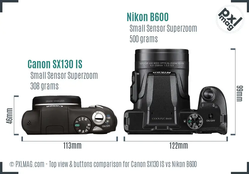 Canon SX130 IS vs Nikon B600 top view buttons comparison