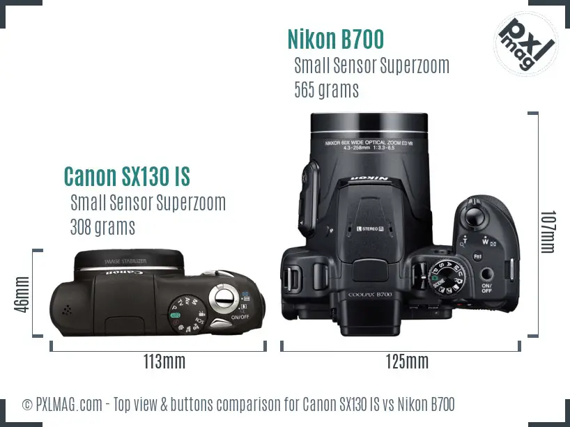 Canon SX130 IS vs Nikon B700 top view buttons comparison