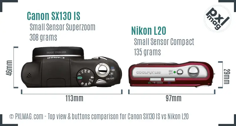 Canon SX130 IS vs Nikon L20 top view buttons comparison