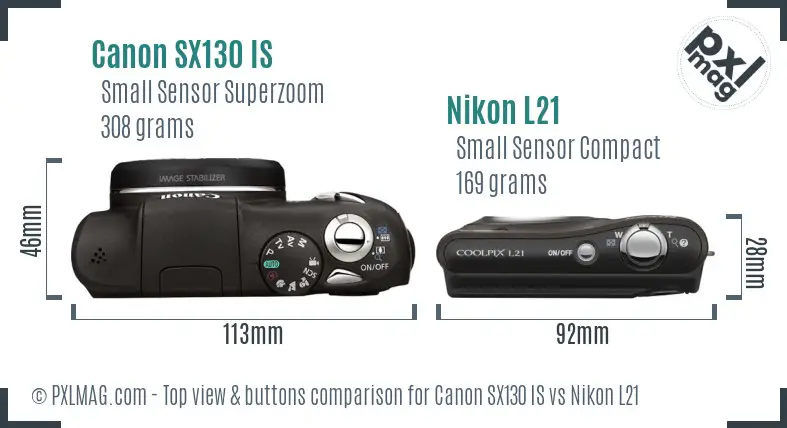 Canon SX130 IS vs Nikon L21 top view buttons comparison