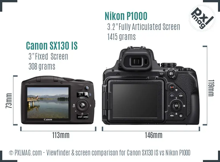 Canon SX130 IS vs Nikon P1000 Screen and Viewfinder comparison