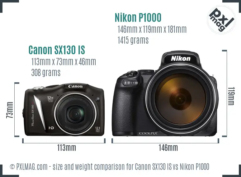 Canon SX130 IS vs Nikon P1000 size comparison