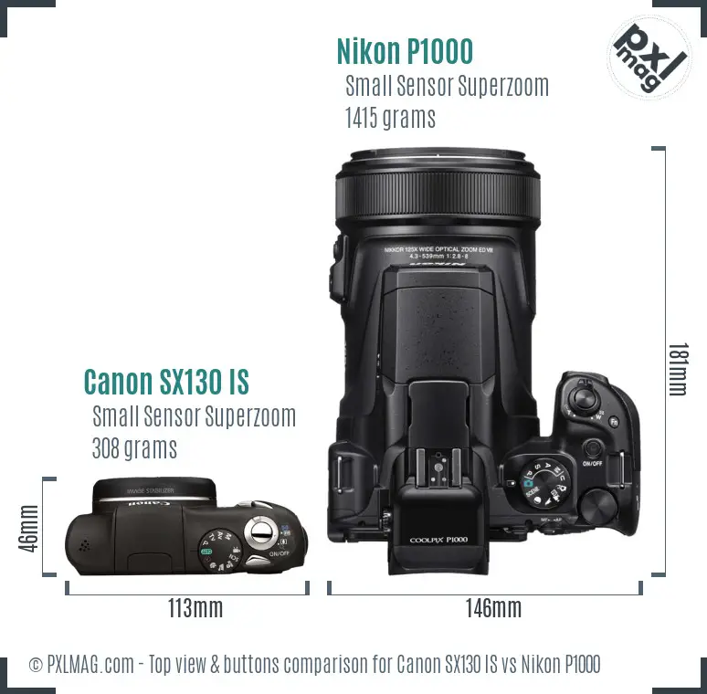 Canon SX130 IS vs Nikon P1000 top view buttons comparison