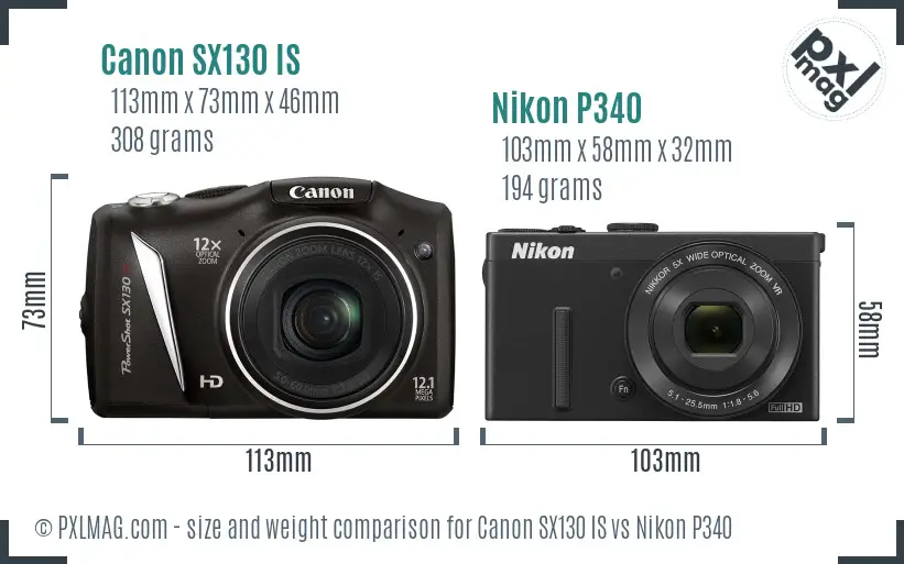 Canon SX130 IS vs Nikon P340 size comparison