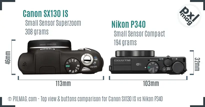 Canon SX130 IS vs Nikon P340 top view buttons comparison