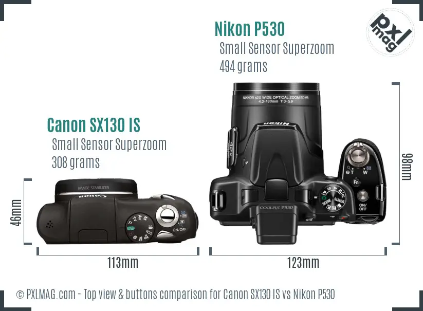 Canon SX130 IS vs Nikon P530 top view buttons comparison