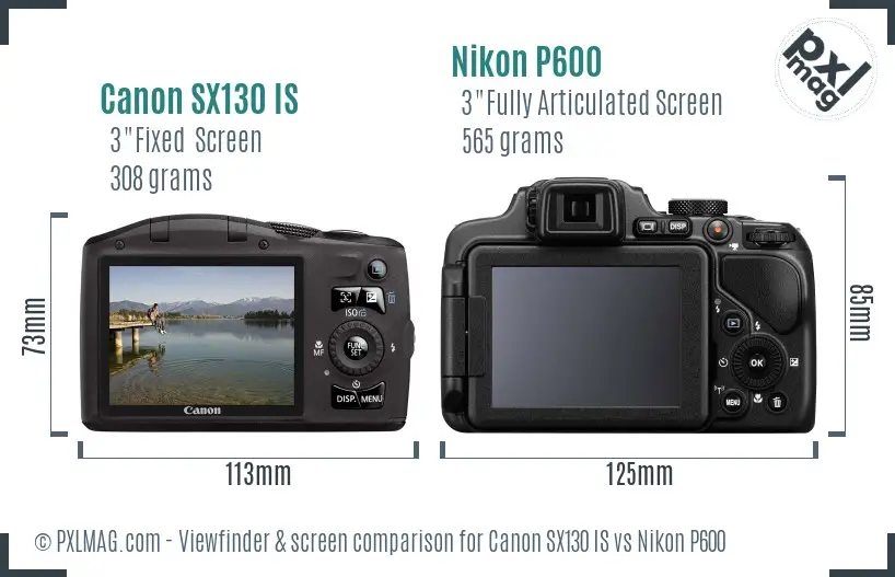 Canon SX130 IS vs Nikon P600 Screen and Viewfinder comparison