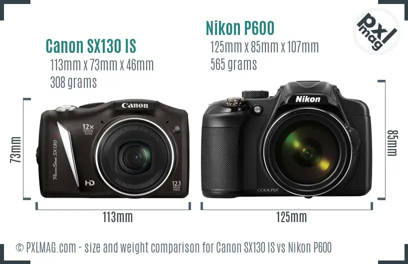 Canon SX130 IS vs Nikon P600 size comparison
