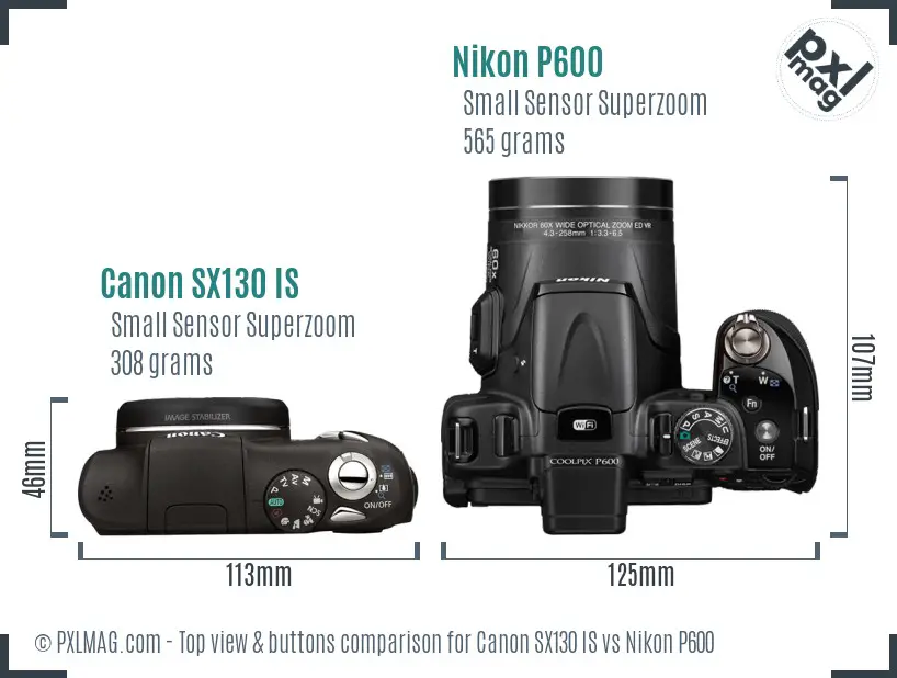Canon SX130 IS vs Nikon P600 top view buttons comparison