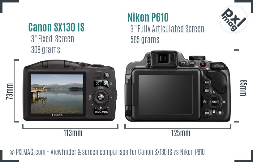Canon SX130 IS vs Nikon P610 Screen and Viewfinder comparison