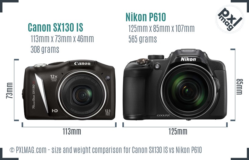 Canon SX130 IS vs Nikon P610 size comparison
