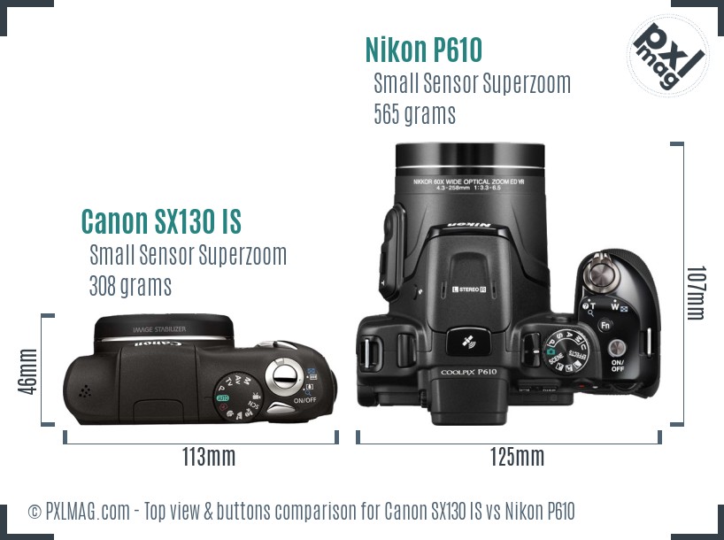Canon SX130 IS vs Nikon P610 top view buttons comparison