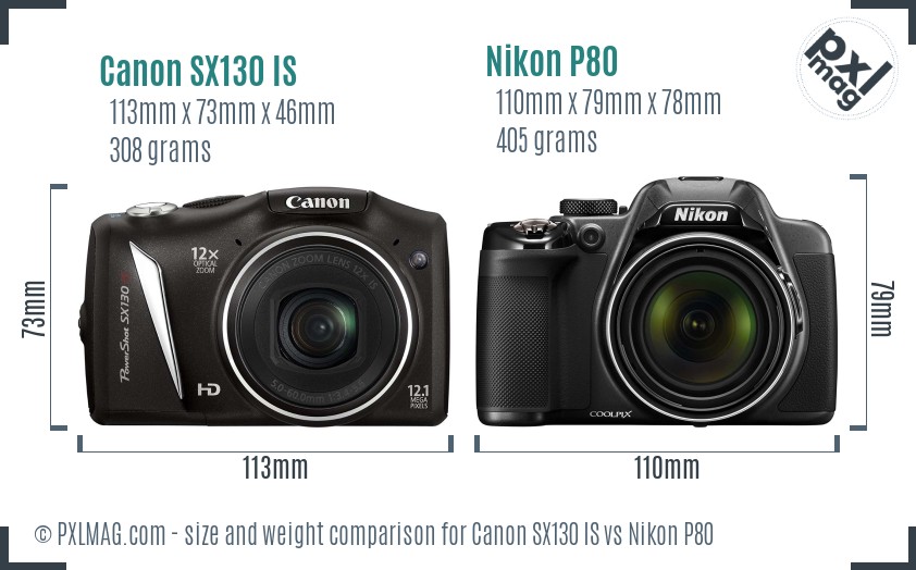 Canon SX130 IS vs Nikon P80 size comparison