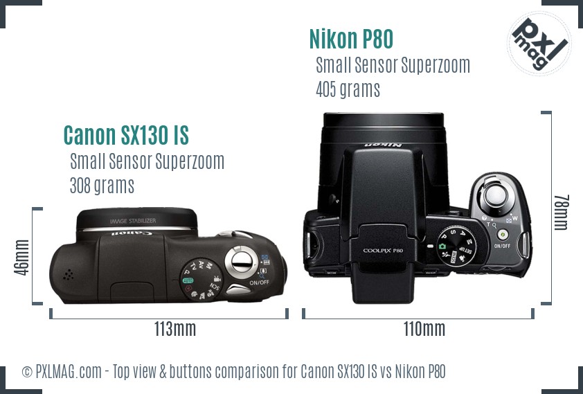 Canon SX130 IS vs Nikon P80 top view buttons comparison