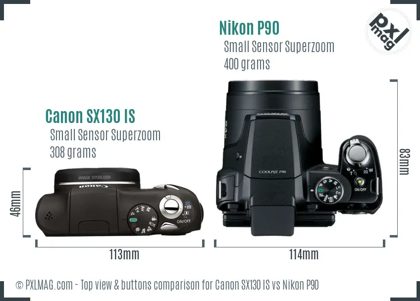 Canon SX130 IS vs Nikon P90 top view buttons comparison