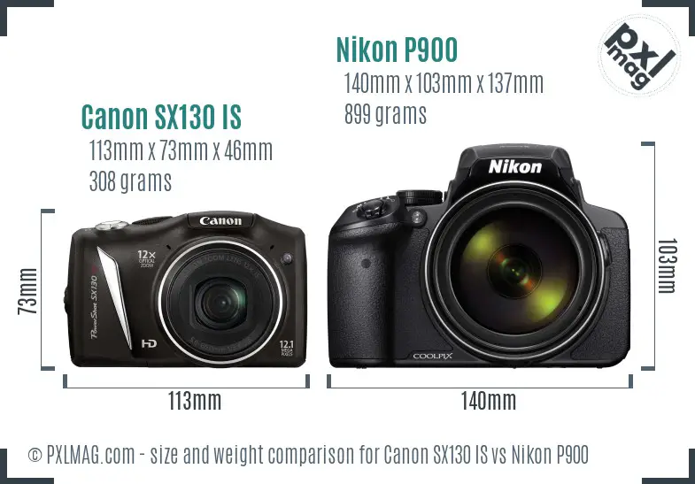 Canon SX130 IS vs Nikon P900 size comparison Canon SX130 IS vs Nikon P900 size comparison