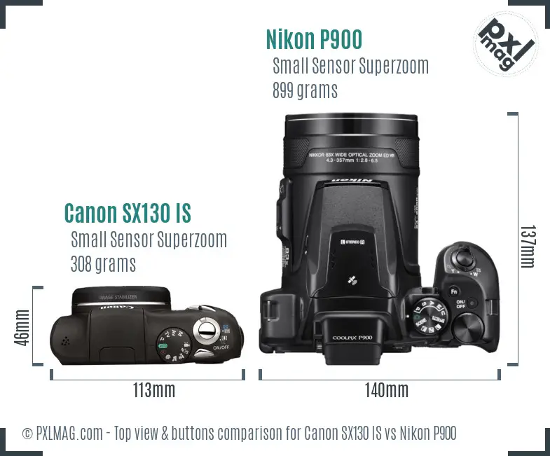 Canon SX130 IS vs Nikon P900 top view buttons comparison Canon SX130 IS vs Nikon P900 top view buttons comparison