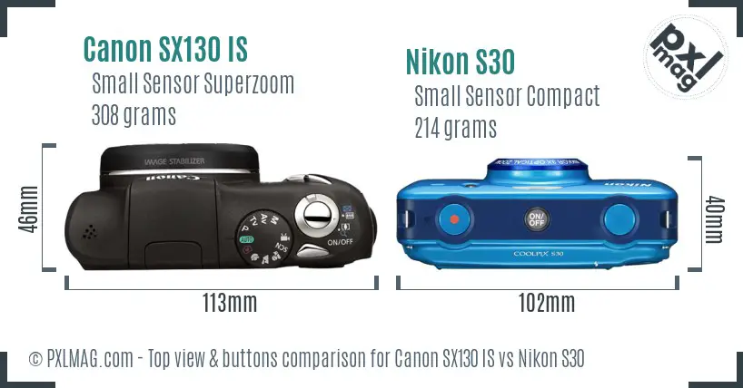 Canon SX130 IS vs Nikon S30 top view buttons comparison