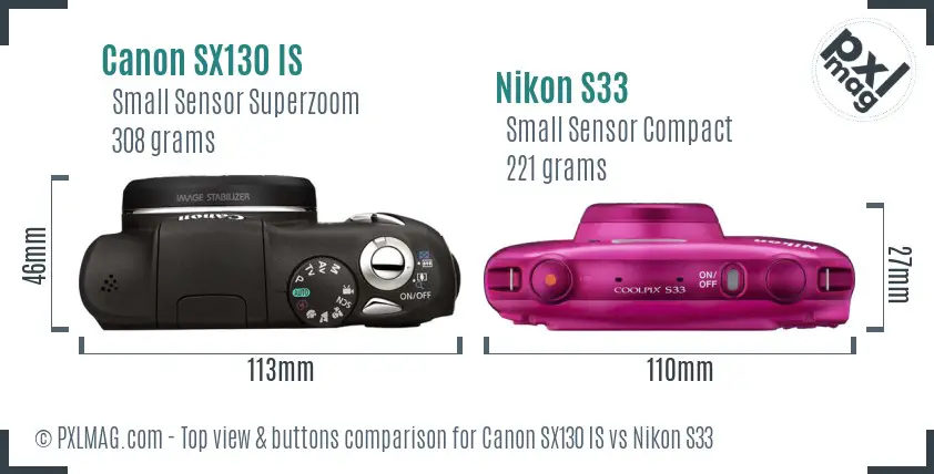 Canon SX130 IS vs Nikon S33 top view buttons comparison