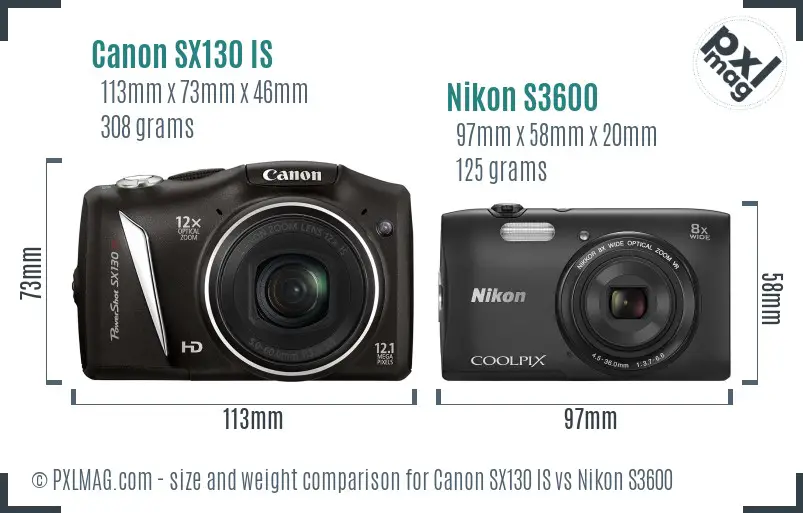 Canon SX130 IS vs Nikon S3600 size comparison