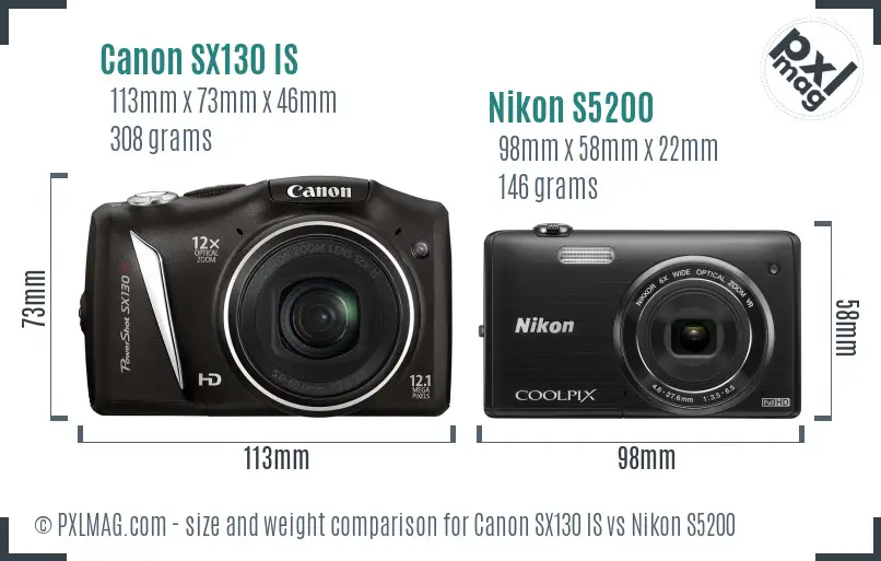 Canon SX130 IS vs Nikon S5200 size comparison