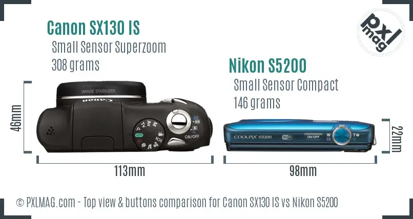 Canon SX130 IS vs Nikon S5200 top view buttons comparison