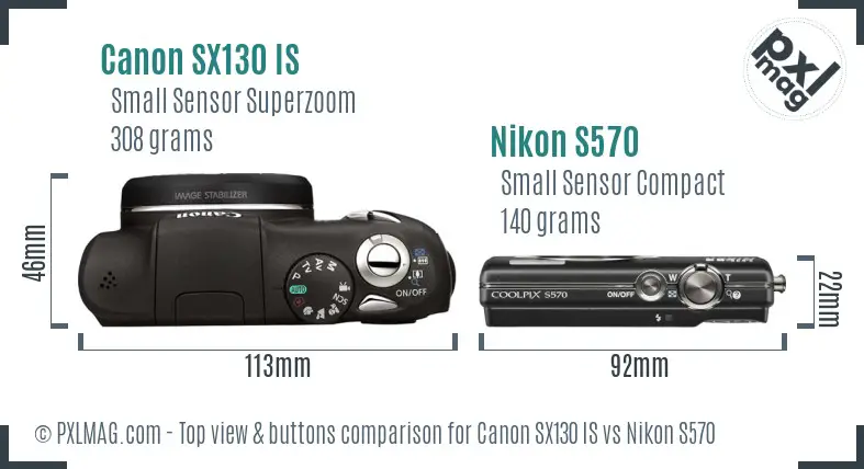 Canon SX130 IS vs Nikon S570 top view buttons comparison
