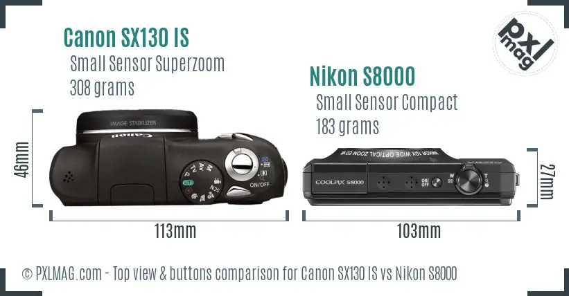 Canon SX130 IS vs Nikon S8000 top view buttons comparison