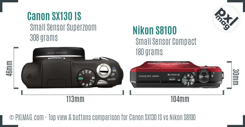 Canon SX130 IS vs Nikon S8100 top view buttons comparison