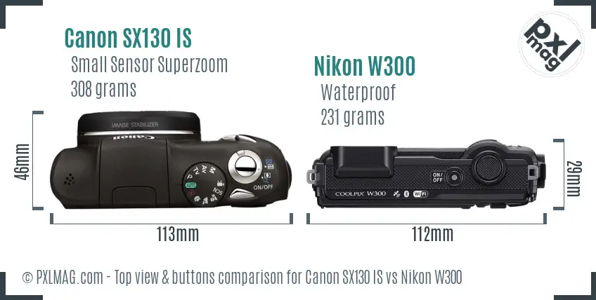 Canon SX130 IS vs Nikon W300 top view buttons comparison